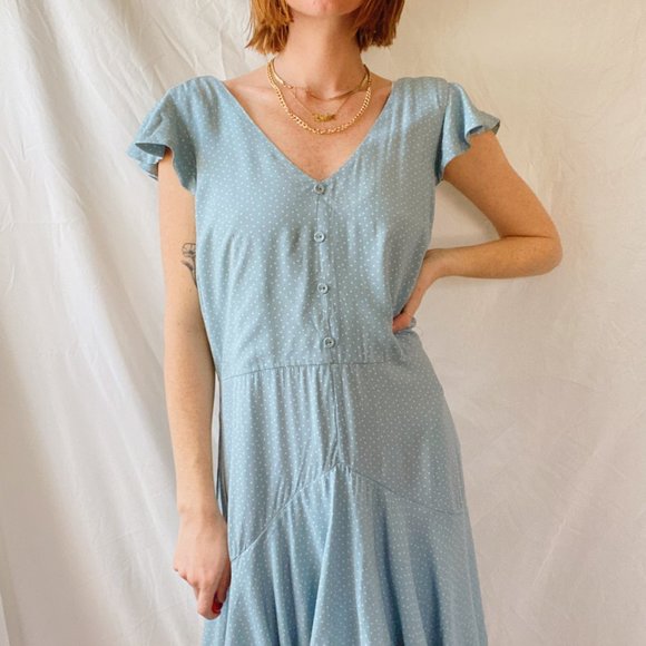 Eyeshadow Dresses & Skirts - Eyeshadow Blue Polka Dot Ruffle Midi Dress